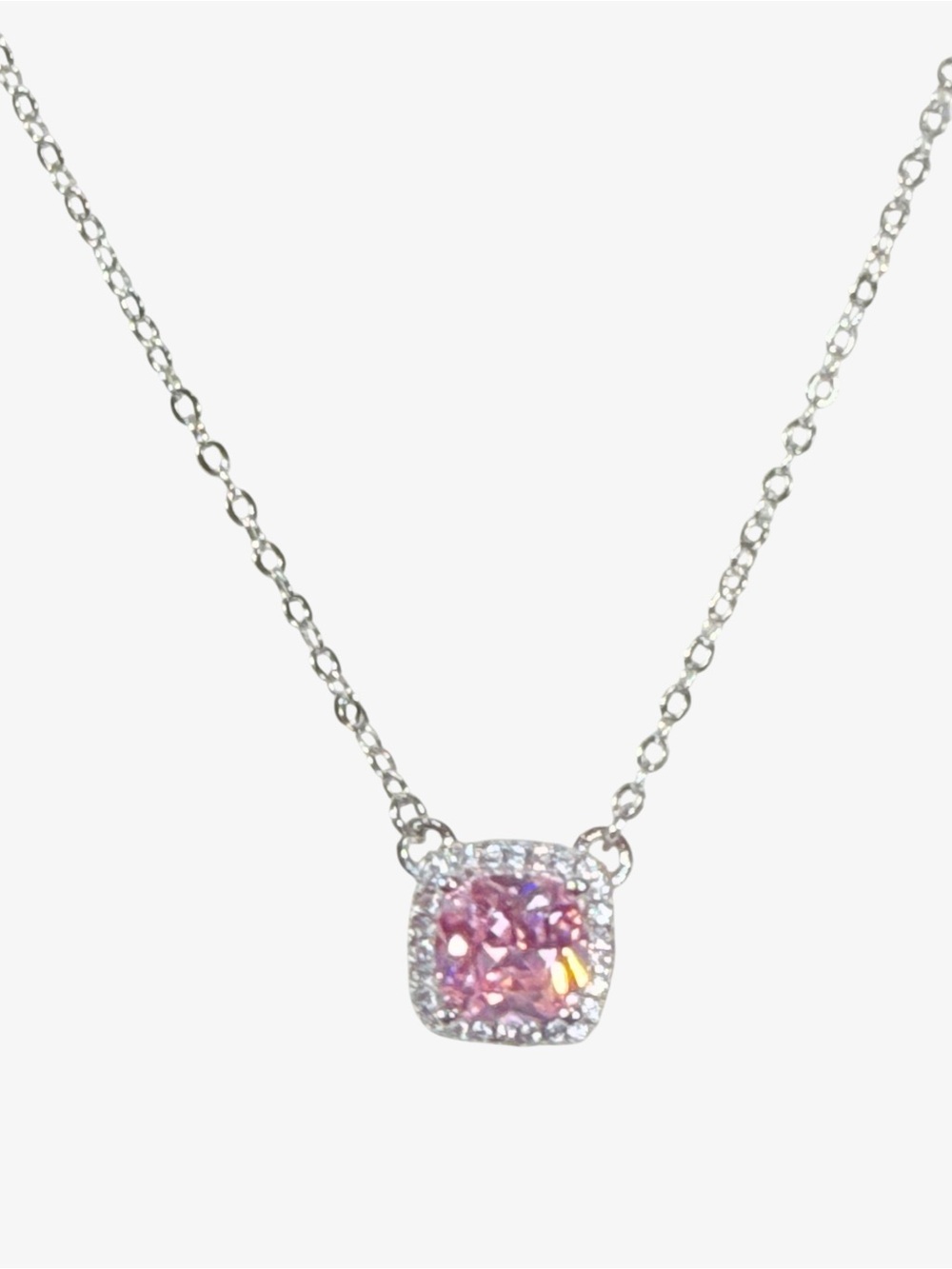 Sterling Silver Pink Halo AAA CZ Pave Pendant Necklace